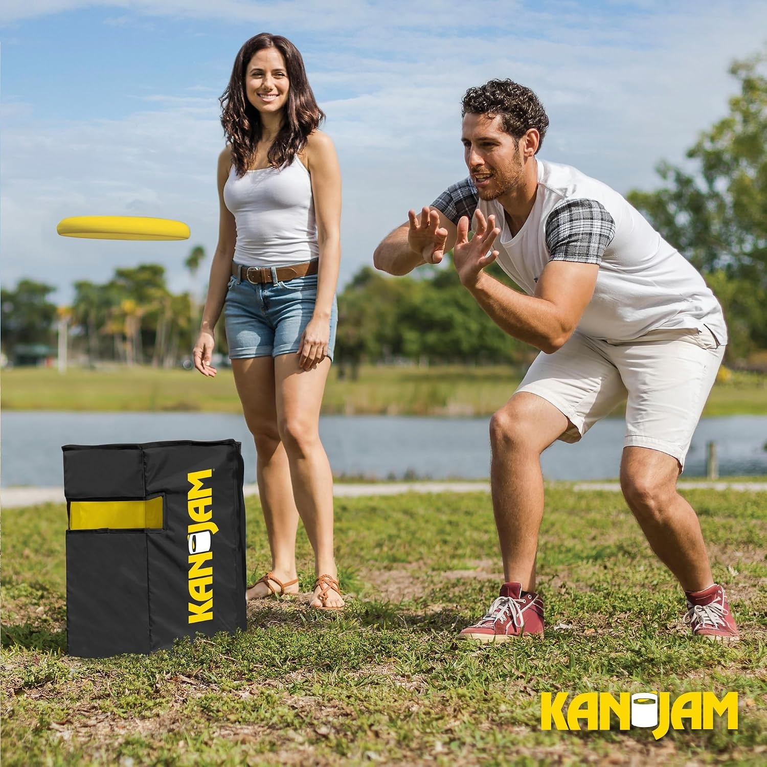 image:imageKan Jam Foldable Travel Disc Toss Game Black amp Yellow Standard Nylon Portable AllWeather Beach Games Builtin Scoring for Tailgate Essentials Easy Setup for Yard FunClassic